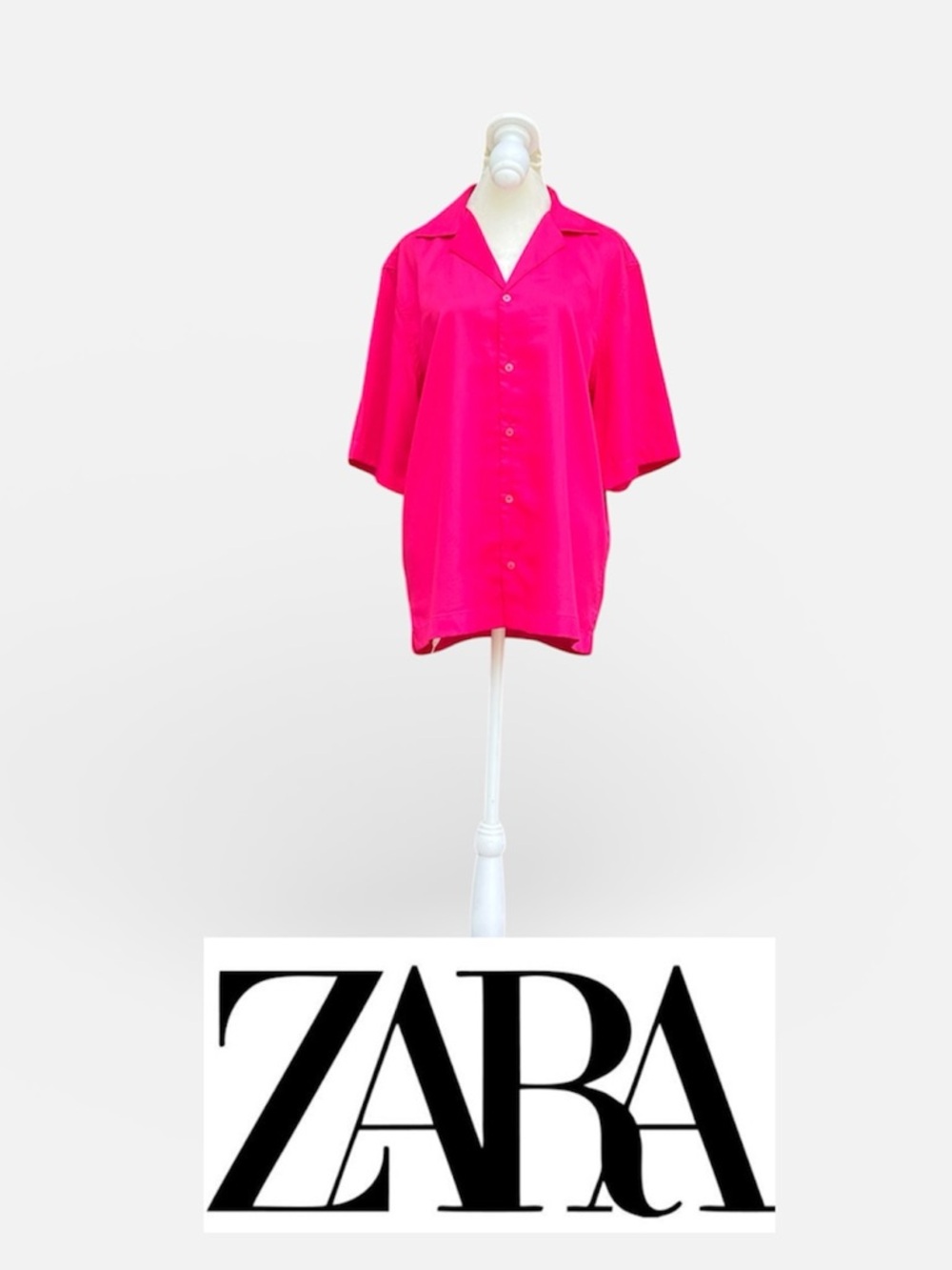 Zara “Satin Effect” Camp Shirt in Bright Pink Size Small